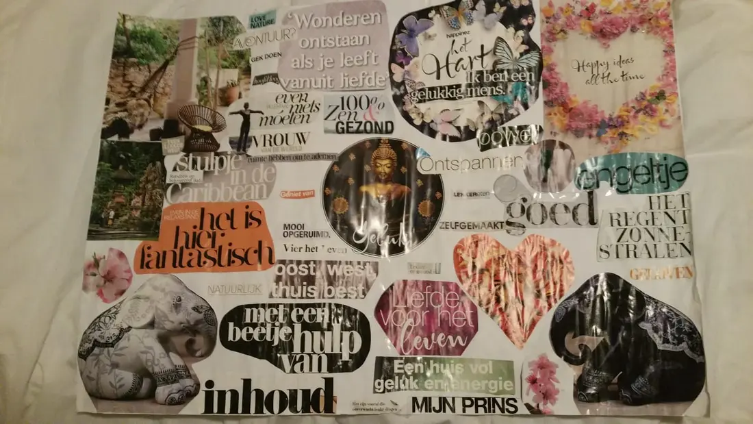Een vision board met plaatjes en woorden